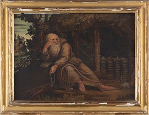 ,Scuola dell'Italia settentrionale, fine secolo XVI - inizi secolo XVII - Paesaggio con padre eremita