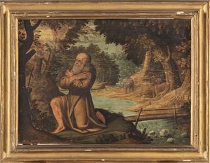 ,Scuola dell'Italia settentrionale, fine secolo XVI - inizi secolo XVII - Paesaggio con padre eremita
