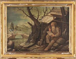 ,Scuola dell'Italia settentrionale, fine secolo XVI - inizi secolo XVII - Paesaggio con padre eremita