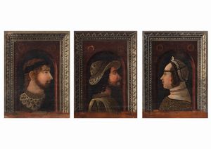 ,Maestro di Monticelli (Gerolamo Bembo?) attivo intorno al 1480-1490 - Due ritratti di gentiluomini e un ritratto di gentildonna (probabilmente Bona di Savoia, duchessa di Milano)