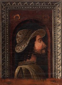 ,Maestro di Monticelli (Gerolamo Bembo?) attivo intorno al 1480-1490 : Due ritratti di gentiluomini e un ritratto di gentildonna (probabilmente Bona di Savoia, duchessa di Milano)  - Asta Dipinti e Disegni Antichi - Associazione Nazionale - Case d'Asta italiane