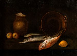 ,Attribuito a Giovanni Battista Recco (Napoli, circa 1615 - 1660) - Pesci, frutti e vasellame su un tavolo da cucina