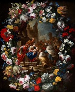 ,Nicola Vaccaro - Adorazione dei Magi entro ghirlanda di fiori