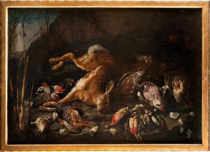 ,Scuola napoletana, secolo XVII - Cacciagione di penna e lepre in un paesaggio