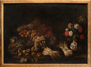 ,Scuola napoletana, secolo XVII - Mele, uva, asparagi, vaso di fiori en plein air