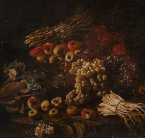 ,Scuola napoletana, secolo XVII : Mele, uva, asparagi, vaso di fiori en plein air  - Asta Dipinti e Disegni Antichi - Associazione Nazionale - Case d'Asta italiane