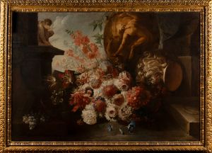 ,Andrea Belvedere - Trionfo di fiori con vaso istoriato raffigurante Caino e Abele, capitello riccamente scolpito e scimmietta in un giardino