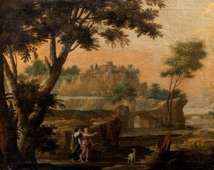 ,Pittore fiammingo attivo in Italia, secolo XVII - Paesaggio arcadico con ninfe cacciatrici