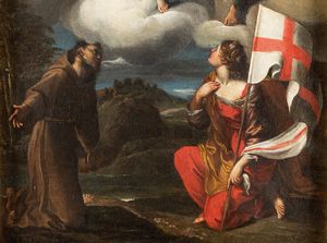 ,Scuola emiliana, secolo XVII : Madonna con Bambino in gloria, San Giovannino, San Giovanni Evangelista, San Pietro, angeli, San Francesco e Sant'Orsola  - Asta Dipinti e Disegni Antichi - Associazione Nazionale - Case d'Asta italiane