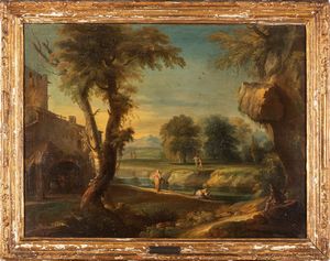 ,Scuola veneta, secolo XVIII - Paesaggio con lavandaie e viandanti presso un fiume e casolare