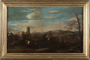 ,Scuola italiana, secolo XVII - Paesaggio con scontro di cavalieri