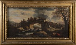 ,Scuola italiana, secolo XVII - Scontro di cavalieri presso un ponte