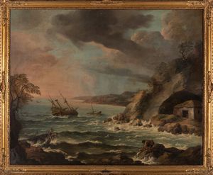 ,Scuola romana, fine secolo XVII - inizi secolo XVIII - Paesaggio con mare in tempesta