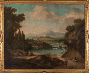 ,Scuola romana, fine secolo XVII - inizi secolo XVIII - Paesaggio fluviale con viandanti a riposo e cittadella sullo sfondo