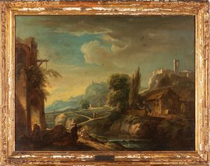,Scuola veneta, secolo XVIII - Paesaggio con viandanti presso un fiume, rovine, casolare e castello sullo sfondo