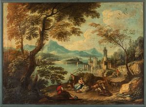 ,Scuola veneta, fine secolo XVIII - inizi secolo XIX - Paesaggio fluviale con pastori a riposo e armenti, castello sullo sfondo