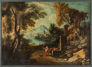 ,Scuola veneta, fine secolo XVIII - inizi secolo XIX - Paesaggio fluviale con viandanti in sosta, castello sullo sfondo