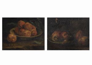 ,Scuola lombarda, secolo XVII - Pesche in un piatto; e Mele in un piatto (en pendant)