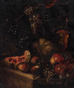 ,Scuola romana, secolo XVII - Uve, zucche, melagrane, anguria e altri frutti su un piano di pietra