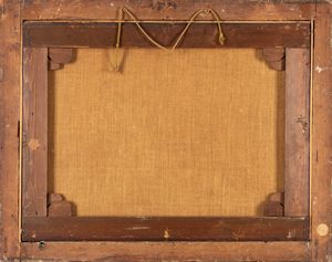 ,Scuola veneta, secolo XVIII : Paesaggio con viandanti presso un fiume, rovine, casolare e castello sullo sfondo  - Asta Dipinti e Disegni Antichi - Associazione Nazionale - Case d'Asta italiane