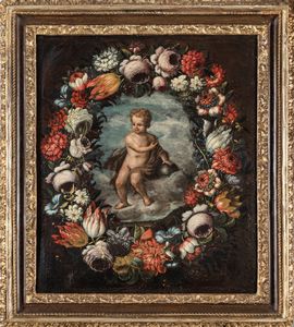 ,Scuola dell'Italia settentrionale, secolo XVII - Cristo fanciullo con globo entro ghirlanda di fiori
