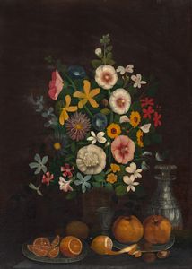 ,Scuola fiamminga, secolo XVIII - Campanule, fiordalisi, garofani dei poeti ed altri fiori in un vaso, agrumi, frutti e vasellame su un tavolo