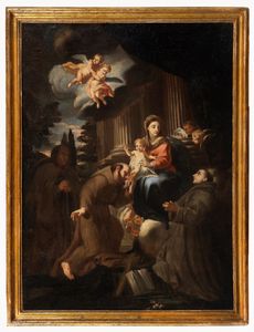 ,Scuola italiana, fine secolo XVII - inizi secolo XVIII : San Francesco e Sant'Antonio da Padova in adorazione della Madonna con Bambino  - Asta Dipinti e Disegni Antichi - Associazione Nazionale - Case d'Asta italiane