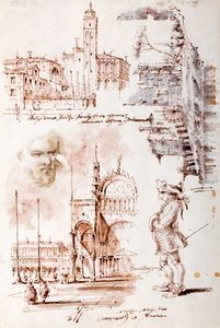 ,Maestro del Ricciolo, identificato con Giuseppe Latini (1903-1972) - Studio di architetture, un soldato e testa virile