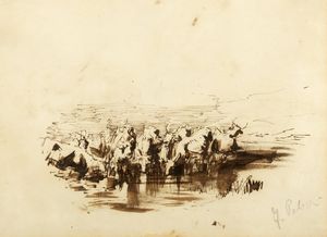 ,Attribuito a Filippo Palizzi (Vasto 1818 - Napoli 1899) - Bufale al guado (recto); e studi per caprette e cane (verso)