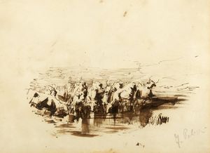 ,Attribuito a Filippo Palizzi (Vasto 1818 - Napoli 1899) - Bufale al guado (recto); e studi per caprette e cane (verso)