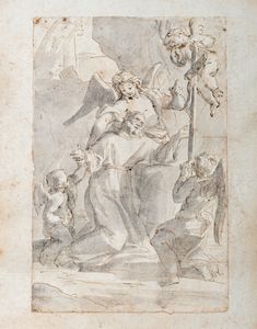 ,Scuola emiliana, prima metà del secolo XVIII - Estasi di un Santo sorretto da un Angelo