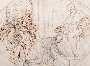 ,Scuola romana, seconda metà del secolo XVII - Un Papa riceve omaggio da un Santo