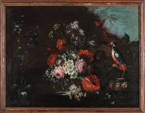 ,Scuola emiliana, fine secolo XVII - inizio secolo XVIII - Composizione di fiori con picchio en plein air