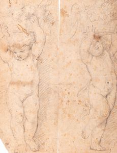 ,Sebastiano  Conca - Studio di due putti con cesti di fiori e frutti sulla testa