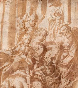 ,Scuola emiliana, fine secolo XVI - inizi secolo XVII - Sacra Famiglia con San Giovannino e Angeli (recto) e Studio di Angeli (verso)