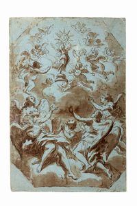 ,Scuola romana, secolo XVII - Studio per affresco con Adorazione del Nome di Ges