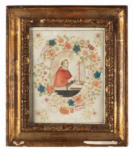 ,Scuola italiana, secoli XVIII-XIX - San Carlo Borromeo in adorazione del crocifisso, entro ghirlanda di fiori