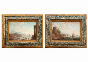 ,Scuola fiamminga, secolo XVIII - Due paesaggi costieri con velieri e astanti