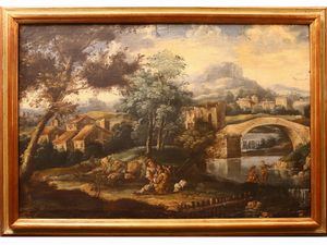,Scuola fiamminga del XVII/XVIII secolo - Paesaggi fluviali con personaggi