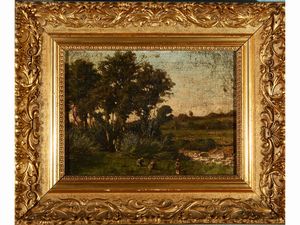 ,Scuola di Barbizon del XIX secolo - Paesaggio con contadine