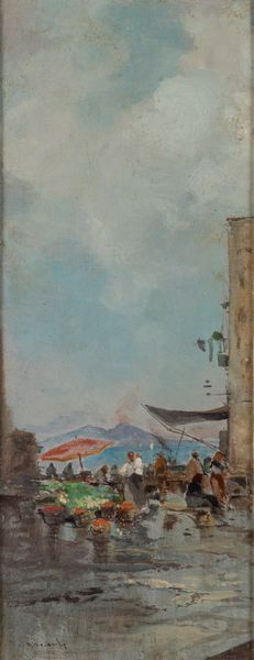 ,Oscar Ricciardi : Cinque scene di mercato a Napoli montate in un'unica cornice  - Asta Arte figurativa tra XIX e XX Secolo - Associazione Nazionale - Case d'Asta italiane