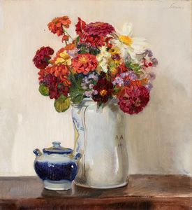 ,Carlo Siviero - Natura morta con vaso di dalie e potiche