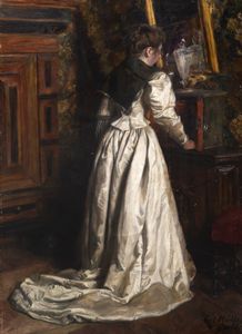 ,Carl Müller - Giovane donna in interno in abito bianco