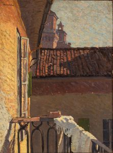 ,Attribuito a Mario Puccini (Livorno 1869 - Firenze 1920) - Il Castello Estense di Ferrara dal terrazzino di casa Righini