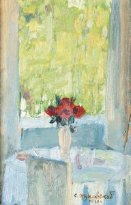 ,Stanislav Yulianovich Zhukovsky - Interno con vaso di fiori