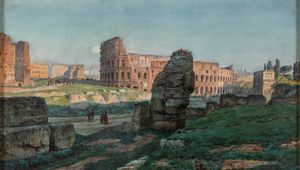 ,Pietro Sassi : Roma, passeggio nei pressi del Colosseo  - Asta Arte figurativa tra XIX e XX Secolo - Associazione Nazionale - Case d'Asta italiane