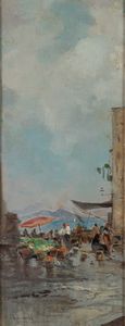 ,Oscar Ricciardi : Cinque scene di mercato a Napoli montate in un'unica cornice  - Asta Arte figurativa tra XIX e XX Secolo - Associazione Nazionale - Case d'Asta italiane