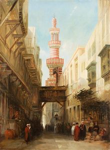 ,Scuola europea del XIX secolo - Scena orientalista con minareto sullo sfondo