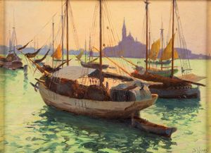 ,Stefano Novo : Barche in laguna  - Asta Arte figurativa tra XIX e XX Secolo - Associazione Nazionale - Case d'Asta italiane