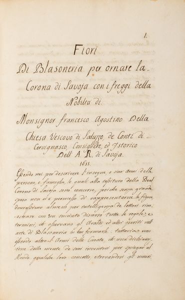 ,Francesco Della Chiesa : Fiori di Blasoneria per ornare la Corona di Savoia  - Asta Libri, Autografi e Stampe - Associazione Nazionale - Case d'Asta italiane